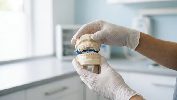 Dłonie ortodonty w rękawiczkach trzymające modele diagnostyczne obu łuków zębowych