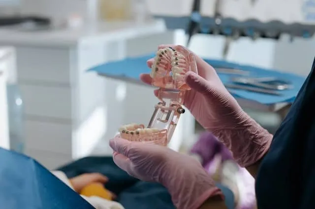 Dłonie w rękawiczkach trzymają model szczęki z aparatem ortodontycznym